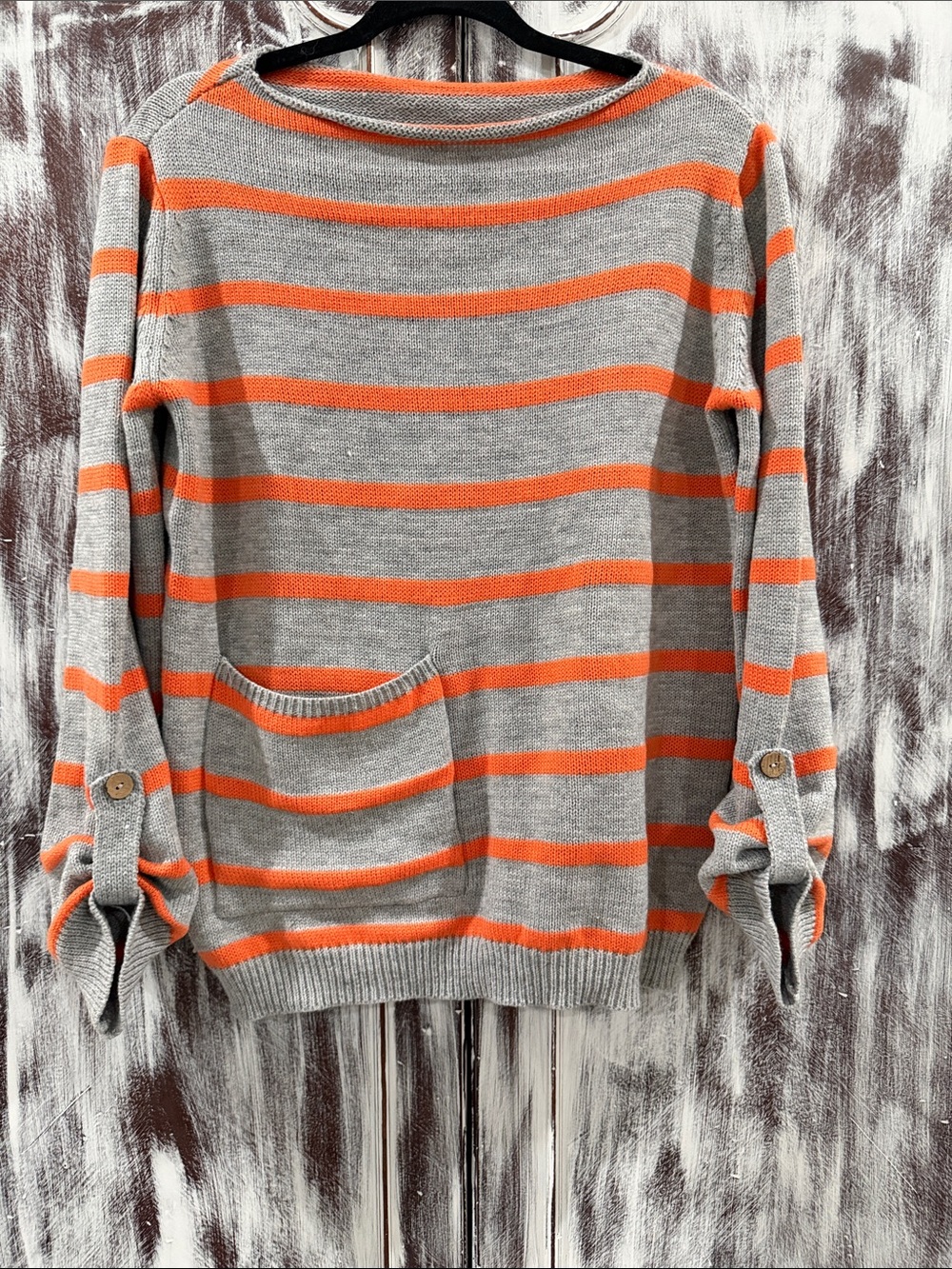 Women’s Gray & Orange Striped Pocket Sweater